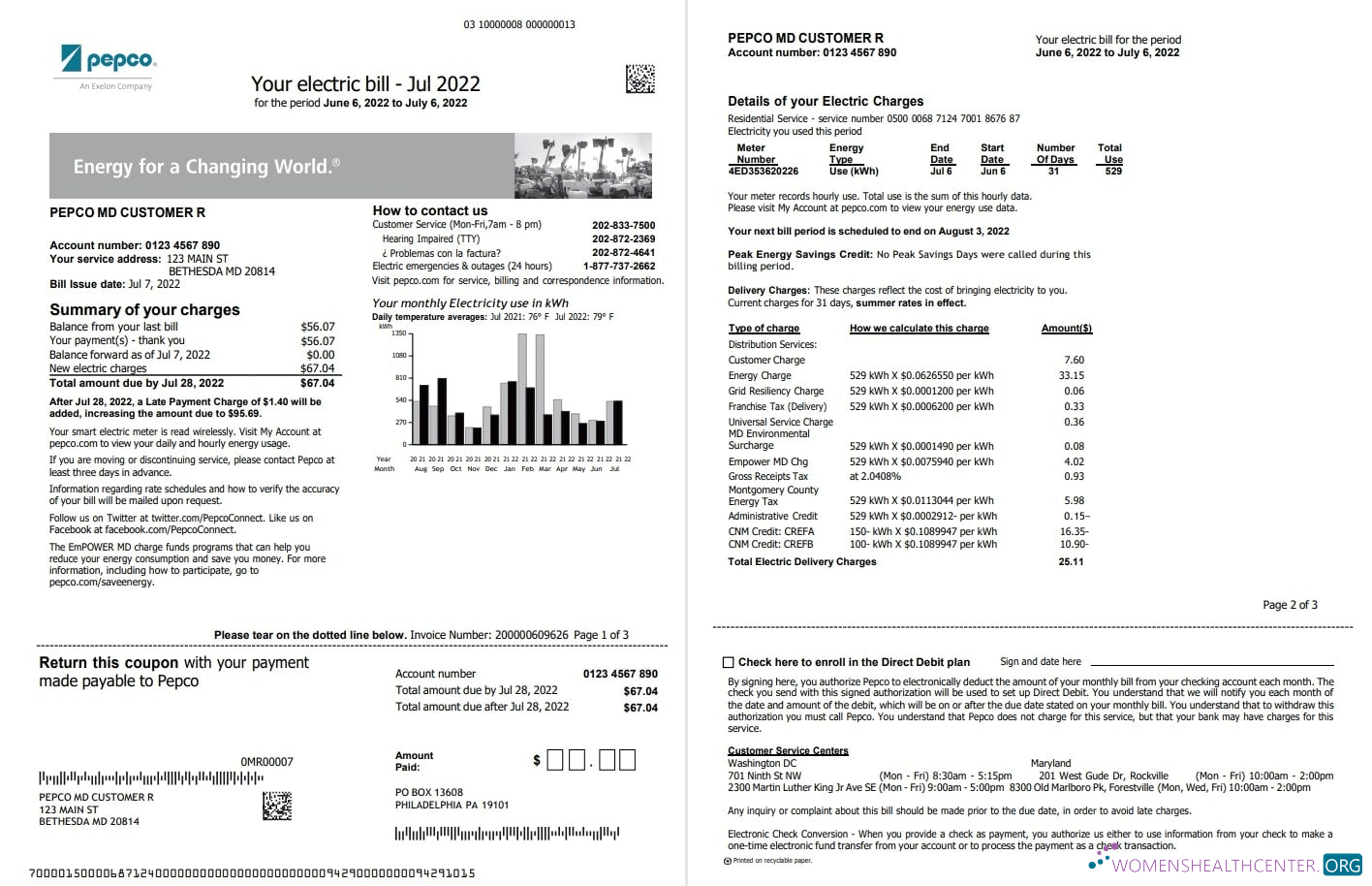 download download USA Maryland Pepco utility bill, Word and PDF template, 3 pages 1 2 PDF template PDF template
